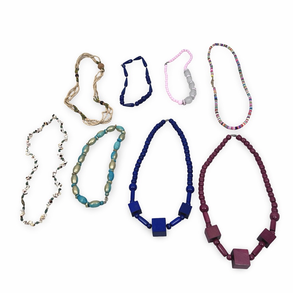 Mixed Beaded Necklace Lot 8 Wood Shell Acrylic Geometric Boho Gray‎ Blue Pink